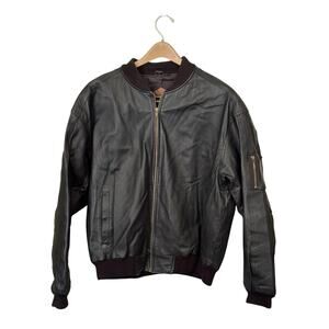 VTG Weekends Men's Black Leather‎ Bomber Jacket Large Pockets Biker Retro READ